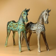 Wooden Hand Carved Antique Horse Decorative Wood White Gold Turquoise Ornament