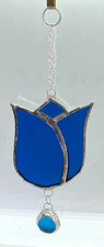 F116 Stained Glass Suncatcher Hanging Flower Tulip Drop 17cm Teal Blue