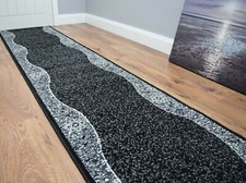 Black Carpet Runner Bordered Floral Design Hallway Stairway Mat Low Pile