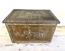 Edwardian Log Box Kindling Coal Brass Clad Highwayman Chain Hinged Lid Repousse