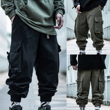 Men's Cargo Pants Hip Hop Harem Pants Casual Loose Baggy Pockets Trousers Black