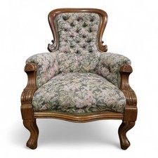 Antique Victorian fireside chair - large carved button back bedroom chair