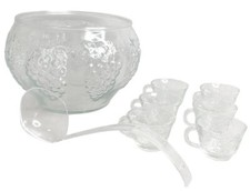 Indiana Glass Punch Bowl, Plastic Ladle & 6 Cups Celebration Grapes & Leaves