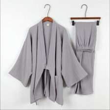 Japanese Men's Kimono Top Pants Sleepwear Robes Yukata Pajamas Set Crepe Cotton 