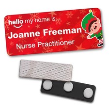 Hello My Name Is Badge Nurse Christmas Doctor Elf Santa Magnet Pin SMN Xmas Snow