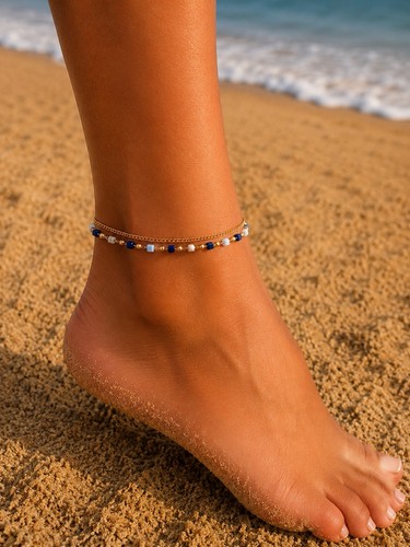 Blue white beaded - blue, anklet