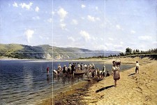 Landscape river people boat N. Sergeyev Tile Mural Backsplash Art Marble Ceramic