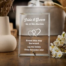 Personalised Engraved Heart Glass Plaque Wedding Bride and Groom Gift
