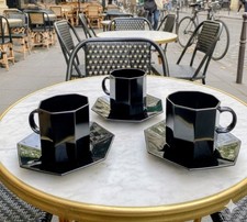 Set of 3 Arcoroc octagonal black mugs/cups and saucers, France 1056g