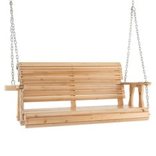 2-Person Porch Hanging Swing Chair Wooden Garden Swing Bench W/ Cup Holders