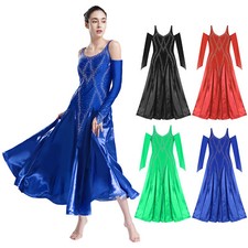 Womens Gown Modern Dress Rhinestones Costume Dance Dresses Long Sleeve Robe
