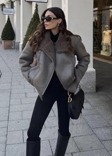 ZARA GREY FAUX LEATHER SHEARLING FUR DOUBLE-FACED BIKER JACKET AVIATOR COAT  L  