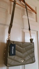 BNWT Dune London xmas party cross body Quilted bag green Olive Gold chain Zip