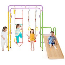 COSTWAY Metal Indoor Jungle Gym 8-in-1 Climbing Playset w/Monkey Bars-Colorful