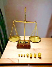 Antique Vintage Brass Polished Balance Apothecary Scales Solid Wood Base Decor