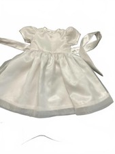Strasburg  Heirloom White Satin Baby Dress with Puff Sleeves/ Ribbon Tie