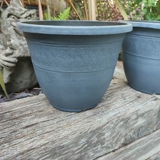 Decorative Plant Pot Round Slate Grey Plastic Garden Planter Rattan Style 28cm