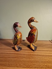A Vintage Pair of Hand Carved Hand Painted Wooden Ducks Folk Art 25cm Tall VGC
