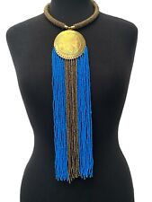 African Authentic Engraved Brass Long Blue Beaded Fringe Pendant Necklace