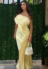 Zara Feathered Long Satin Dress Strapless Yellow Size M 2168/002 New