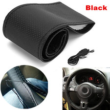 15'' Black Car Steering Wheel Leather Cover Breathable Anti-slip Wrap DIY-Stitch