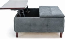Coffee Table Ottoman with Lift Top, 35 inch Square Ottoman with Storage Linen