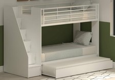 White Dynamo Bunk Beds With Trundle - Staircase With Storage Stairs - Single