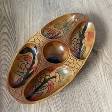 Vintage Serving Dish Tray Wooden Wood Carved Brown Floral 5 Compartments Painted