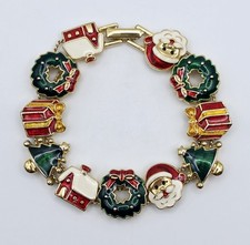 Vintage Avon Gold Tone Enamel Christmas Slide Charm Bracelet Victorian Revival