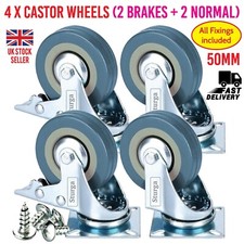 4 x Castor Wheels 50mm Rubber Swivel Heavy Duty 200KG Furniture/Trolley Casters