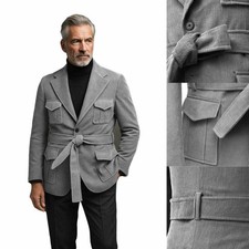 Men's Corduroy Jacket Single Breasted  with Belt Office Working Casual Blazers