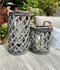 Rustic Grey Wicker Lanterns Candle Holder & Rope Hanging Handle. Scandi Decor
