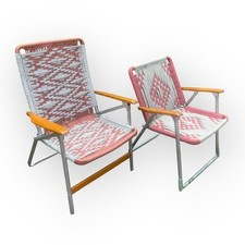 Pair of Mid Century Retro Woven Macrame Aluminum Folding Lawn Chairs