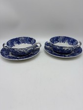 2 x Enoch Woods ENGLISH SCENERY 2 Handled Soup Bowls & Saucers Blue