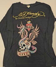 Ed Hardy Shirt New York City Skull Y2K Black Vintage Heart  Large Long Sleeve