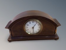 Edwardian Solid Wood Mantel Clock,Wooden Inlaid,Brass Pillars/Feet. French
