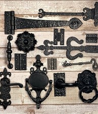 HEAVY DUTY HAND CAST IRON DOOR FURNITURE- BLACK FINISH- KNOCKER -HINGES-HANDLES