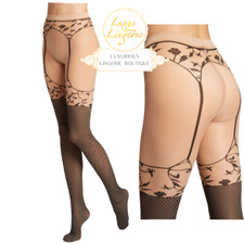 Flora Tights Di Wolford M Leggera Nera Con Cinghie Ottica Garter Collant
