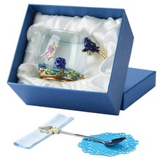Glass Cup Coffee Cup Tea Cup Gift Cup with Spoon Blue Rose & Butterfly Design,