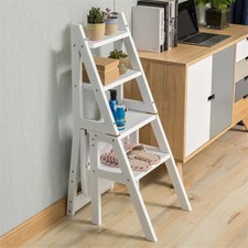 Wood 2in1 Convertible Folding Step Chair Stool Library 4 Layer Step Ladder Chair