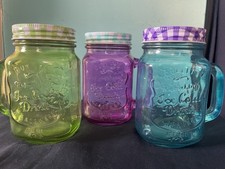 3 Coloured glass mason jar mug with lid and handle and a checkered lid, embossed