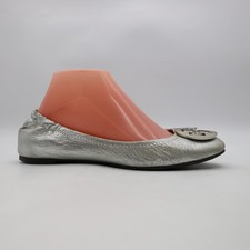 Tory Burch Reva Silver Ballet Flats Women's Size 8 M Metallic Medallion Leather