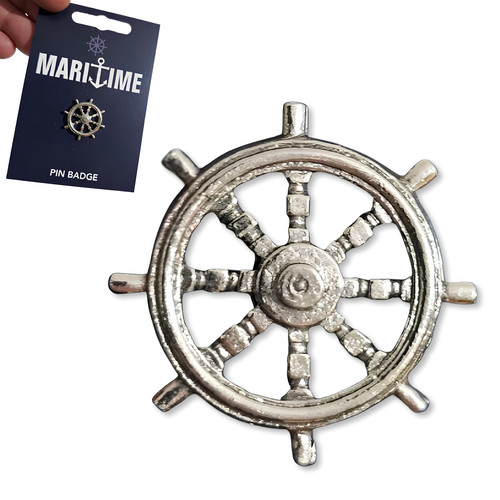 Ships wheel pin badge - wheel, pewter