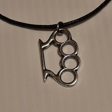 BRASS KNUCKLE Pewter Pendant Charm / 26" Adjustable Necklace U.S.A.