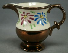 19th Century British Copper Luster Pink Blue Enameled Floral & White Band Jug