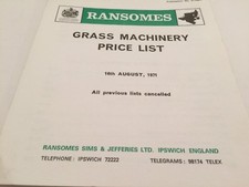 RANSOMES Sims & Jefferies Original 1971 Grass Machinery Mowers Price List