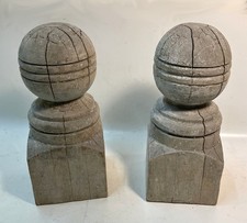Pair Antique Weathered Porch Railing Turned Post Finial Top Cap
