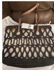zara CONTRAST TOTE BAG BLACK -