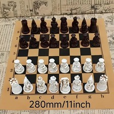 Vintage-Inspired Chess Set with Faux Leather Board & 3D Carved Resin Pieces 28cm