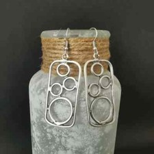 VINTAGE RETRO STYLE HOLLOW CIRCLE CENTER STERLING PLATED DANGLE EARRINGS